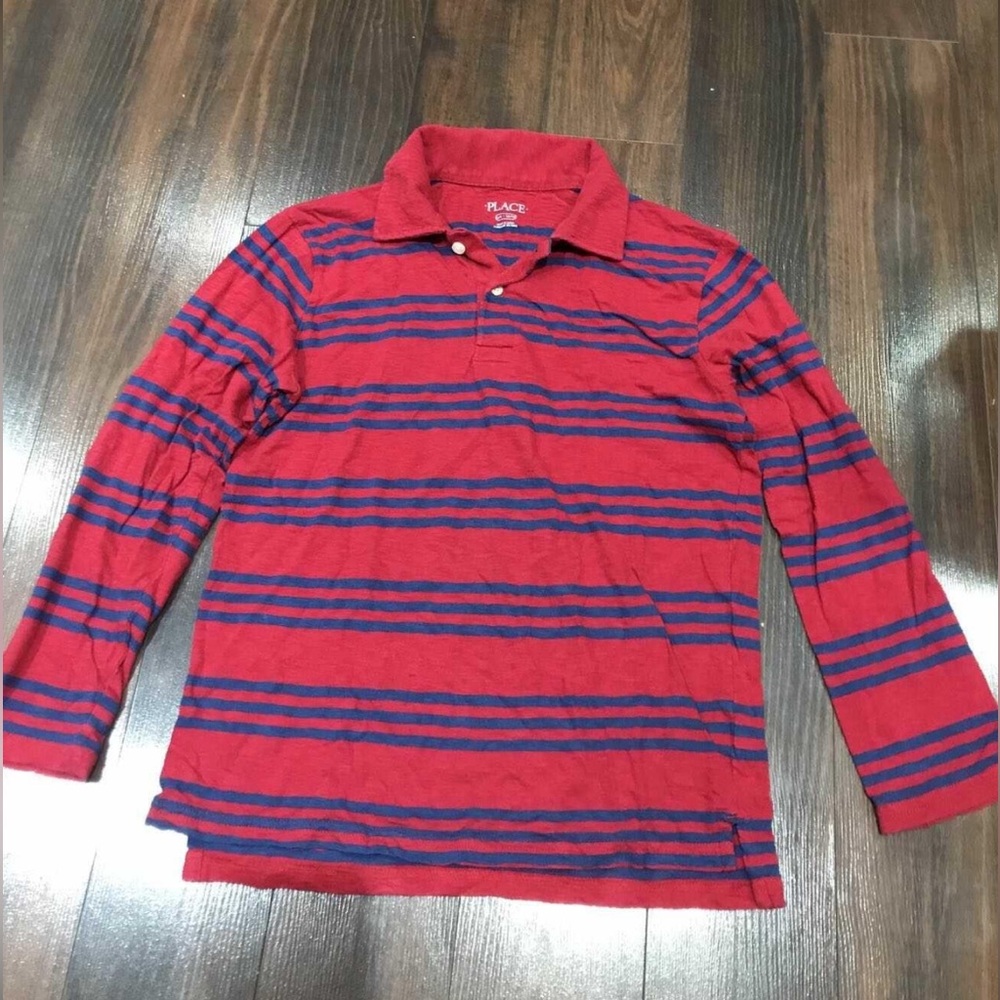 Children’s Place boys 10/12 polo, long sleeve striped shirt, red and blue